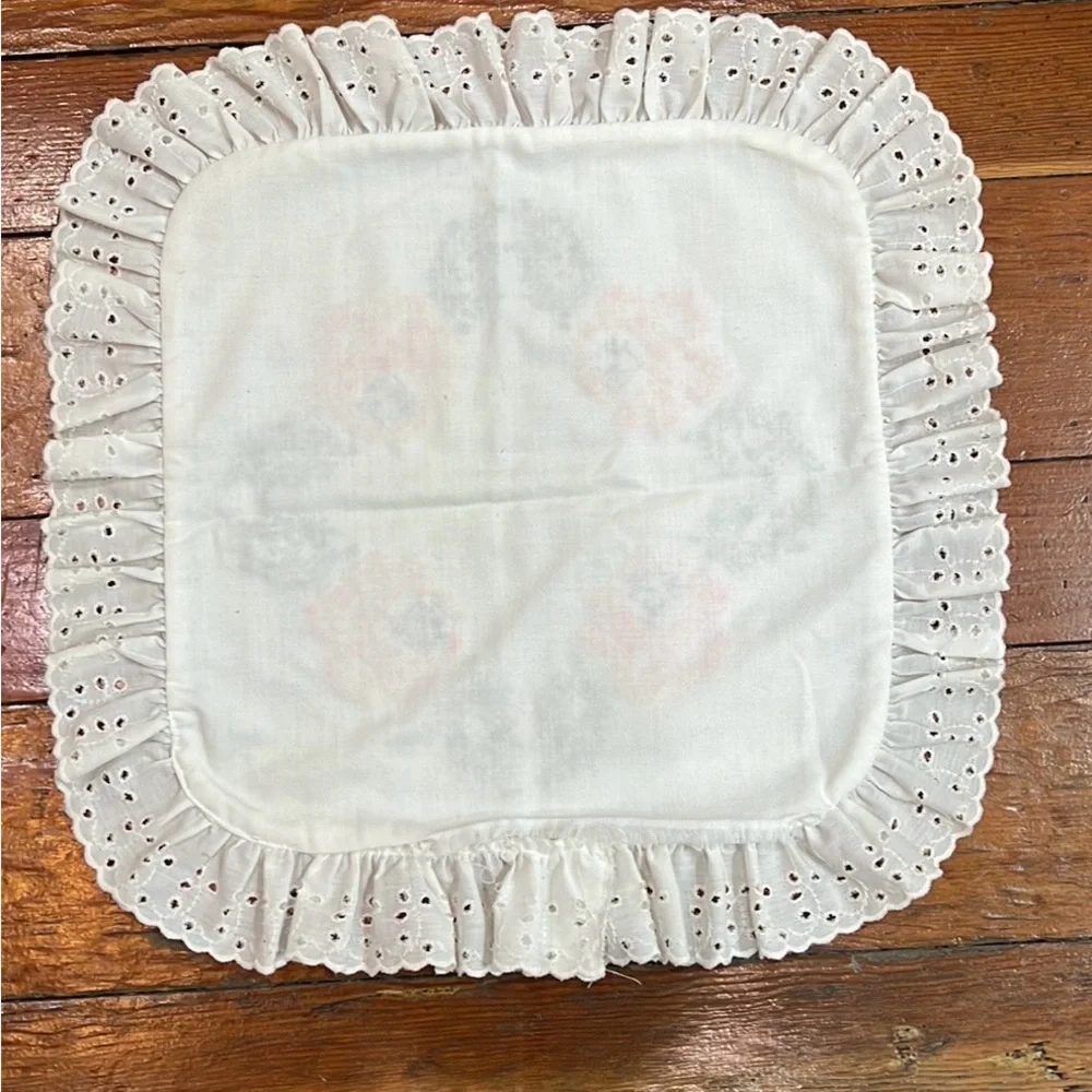 Vintage Cross Stitch pillow cover handmade White with eyelet trim pillow cover.